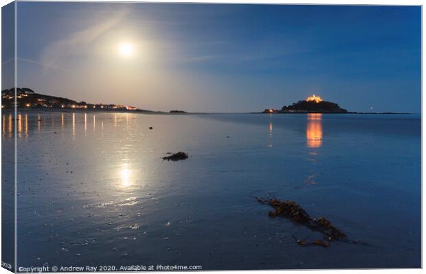Moon reflections (St Michael's Mount) Canvas Print by Andrew Ray