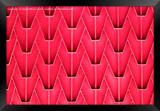 A patterned metal fence with outdated bright red paint. Abstract texture background. Framed Print by Sergii Petruk
