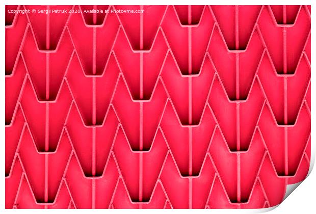 A patterned metal fence with outdated bright red paint. Abstract texture background. Print by Sergii Petruk