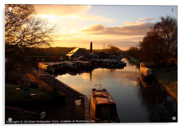 Barges at sunrise at Norbury Junction on the Shropshire Union Canal in Staffordshire, England, UK Acrylic by Christian Bridgwater