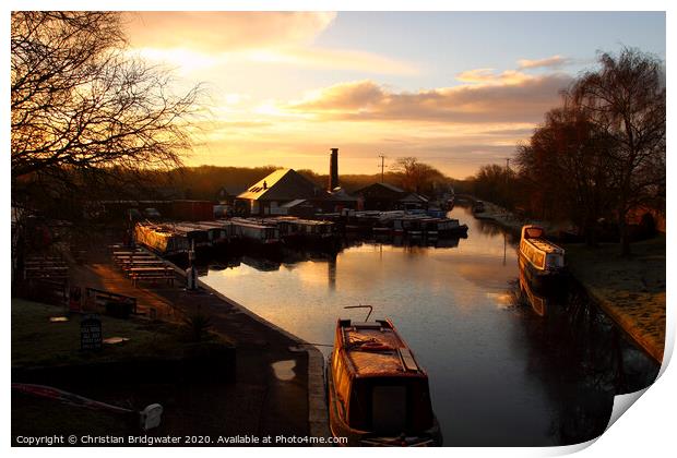 Barges at sunrise at Norbury Junction on the Shropshire Union Canal in Staffordshire, England, UK Print by Christian Bridgwater