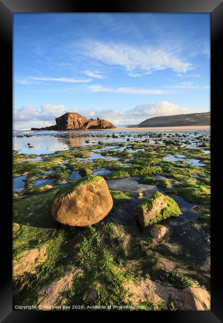 Boulders on Perranporth Beach  Framed Print by Andrew Ray