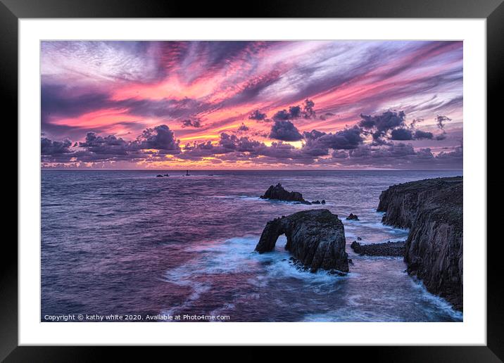 Sunset set at Lands End Cornwall, Sunset Cornwall Framed Mounted Print by kathy white
