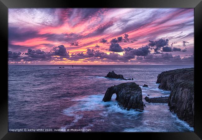 Sunset set at Lands End Cornwall, Sunset Cornwall Framed Print by kathy white