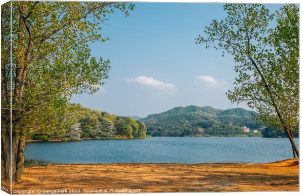 Geumgwang Lake with mountains Canvas Print by Sanga Park