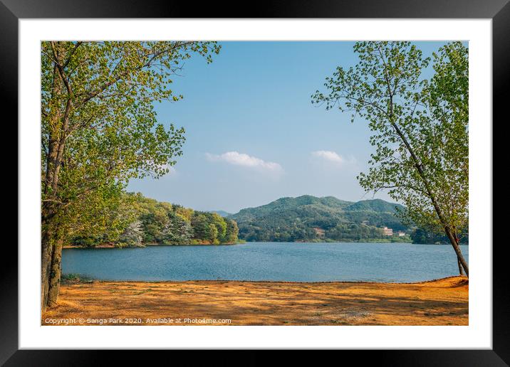 Geumgwang Lake with mountains Framed Mounted Print by Sanga Park