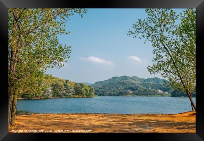 Geumgwang Lake with mountains Framed Print by Sanga Park