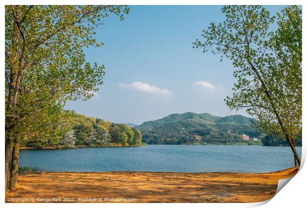 Geumgwang Lake with mountains Print by Sanga Park
