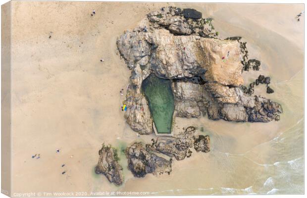Aerial photograph of the swimming pool on Perranporth Beach nr Newquay, Cornwall, England. Canvas Print by Tim Woolcock