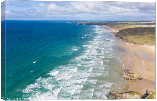 Aerial photograph of Perranporth Beach nr Newquay, Cornwall, England. Canvas Print by Tim Woolcock