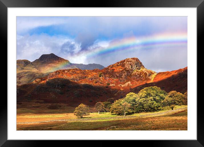 Langdale Pikes Autumn Rainbow Framed Mounted Print by John Finney