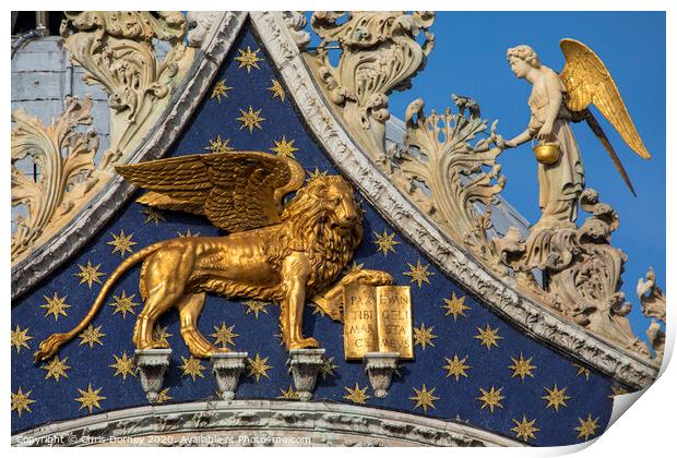 Sculpture of the Lion of Venice on St. Marks Basilica Print by Chris Dorney