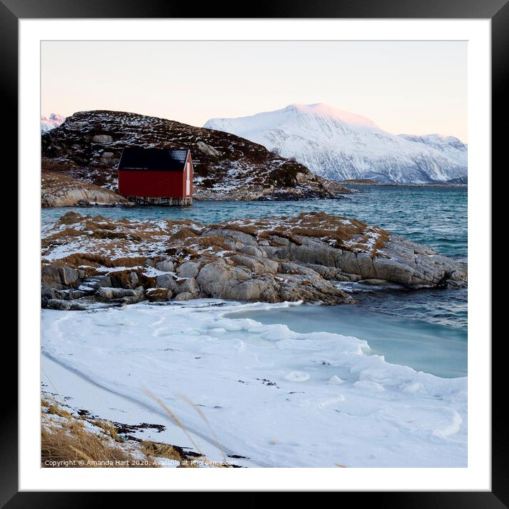 Red hut by the sea, winter in Norway Framed Mounted Print by Amanda Hart