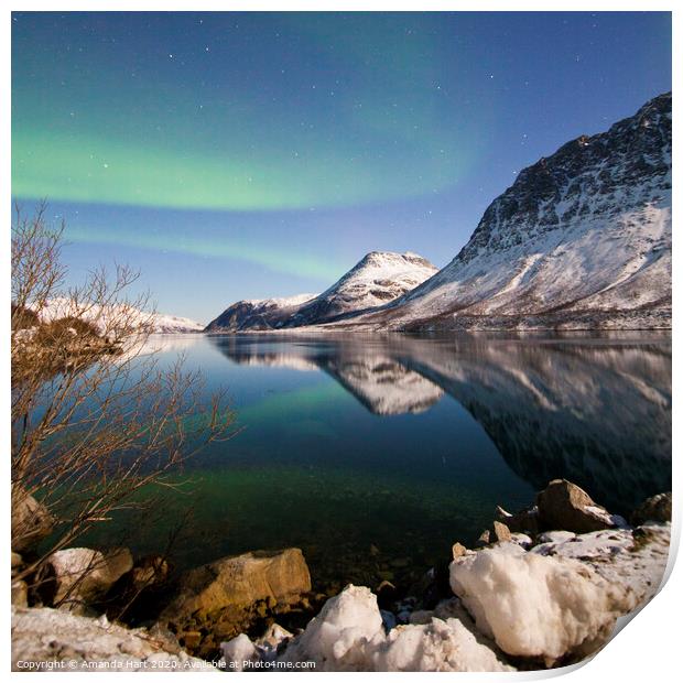 Northern lights over a fjord in Norway Print by Amanda Hart