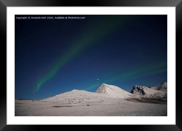 Shooting star amongst the Northern Lights in Norway Framed Mounted Print by Amanda Hart