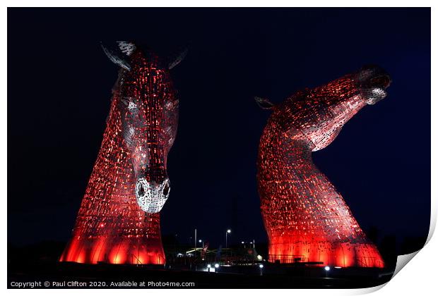 The Kelpies in red. Print by Paul Clifton