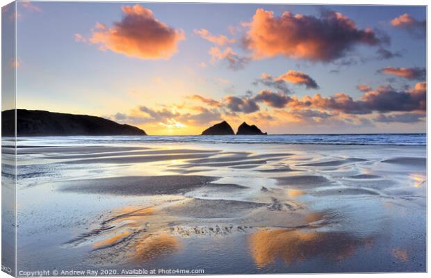 Reflections of sunset (Holywell Bay) Canvas Print by Andrew Ray