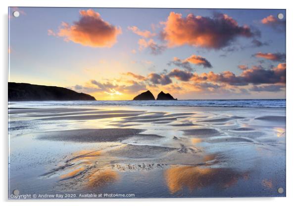 Reflections of sunset (Holywell Bay) Acrylic by Andrew Ray