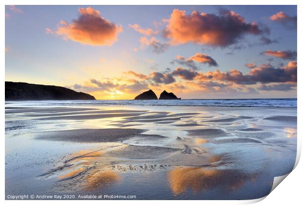 Reflections of sunset (Holywell Bay) Print by Andrew Ray