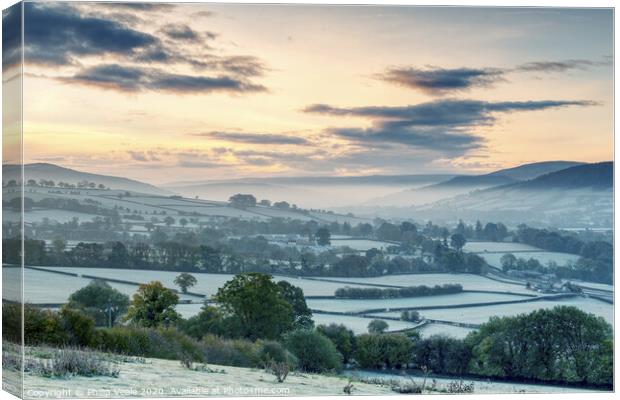 Llanhamlach's Frost Covered Fields at Sunrise. Canvas Print by Philip Veale