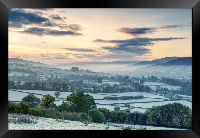 Llanhamlach's Frost Covered Fields at Sunrise. Framed Print by Philip Veale