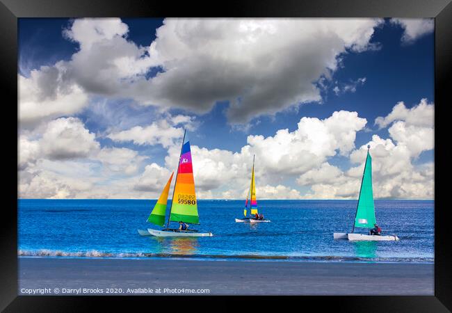 Three Sailboats Near Beach Framed Print by Darryl Brooks