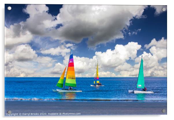 Three Sailboats Near Beach Acrylic by Darryl Brooks