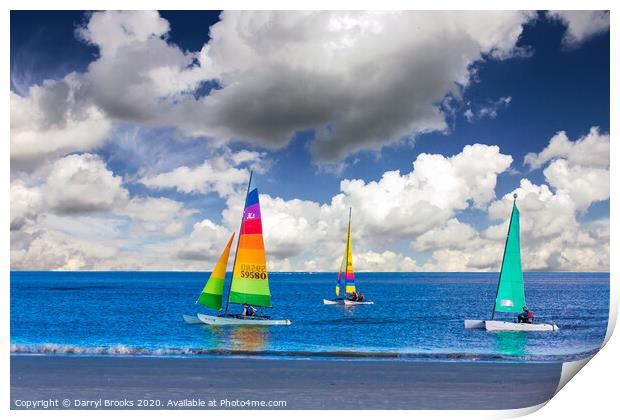 Three Sailboats Near Beach Print by Darryl Brooks