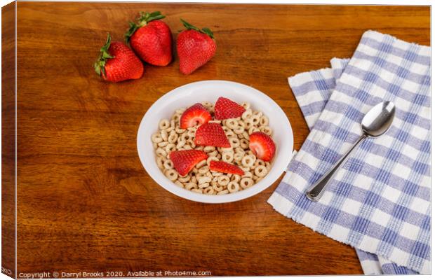 Toasted Oat Cereal and Strawberries on Table Canvas Print by Darryl Brooks