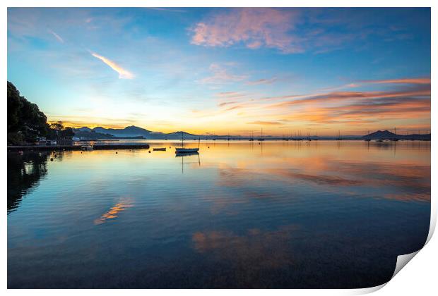 Sunrise across the bay of Pollensa Print by Perry Johnson