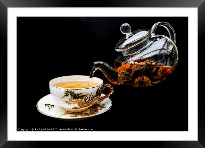  green tea,Chinese green tea being poured with gla Framed Mounted Print by kathy white