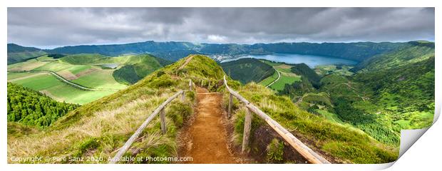 Walking path leading to a view on the lakes of Sete Cidades and Santiago in Sao Miguel, Azores Print by Pere Sanz