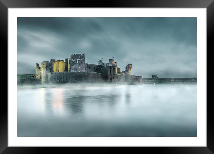 Misty Caerphilly Castle Framed Mounted Print by Karl McCarthy