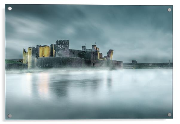 Misty Caerphilly Castle Acrylic by Karl McCarthy