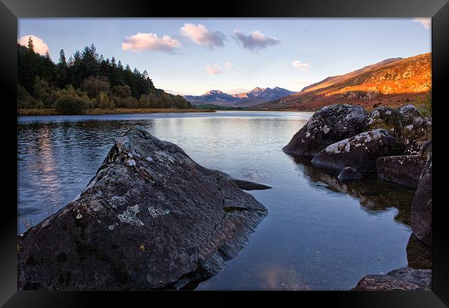 Mymbyr lakes with snowdon in the distance Framed Print by Rory Trappe