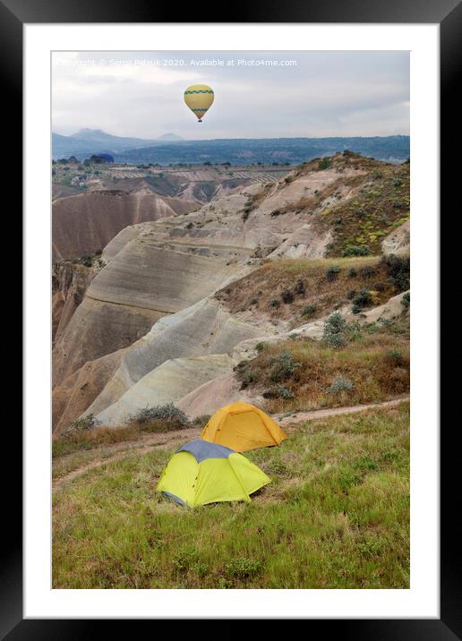 Tourist tents and a balloon on the trail with a magnificent view of the Red Valley in Cappadocia Framed Mounted Print by Sergii Petruk