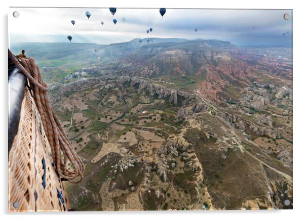 A balloons is flying over the valley in Cappadocia Acrylic by Sergii Petruk
