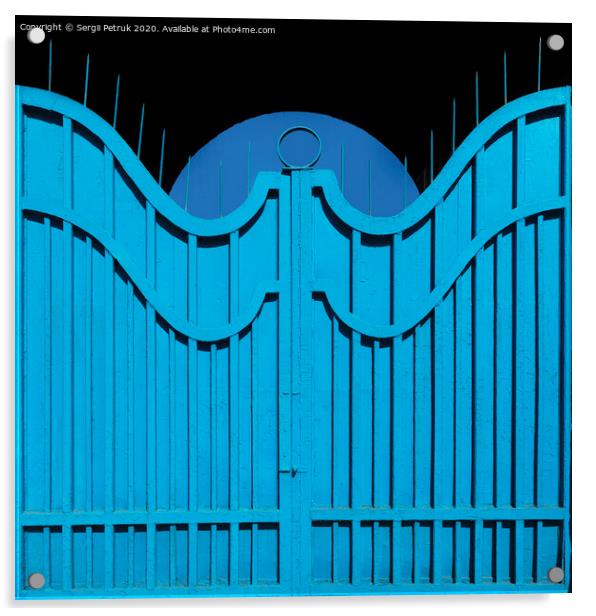 Exemplary metal gate-fence with outdated bright blue paint. Abstract texture background. Acrylic by Sergii Petruk