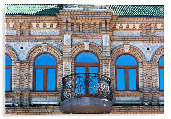 The wooden windows of the old architecture building reflect the blue clear sky Acrylic by Sergii Petruk