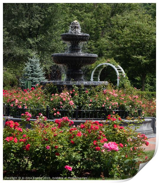 Waterfountain amoung the roses Print by Jo Anne Keasler