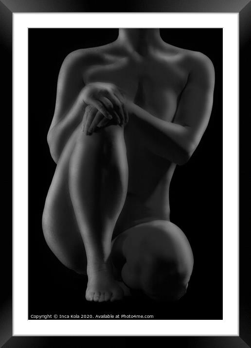 Seated crouching nude in a dreamy black & white style Framed Mounted Print by Inca Kala