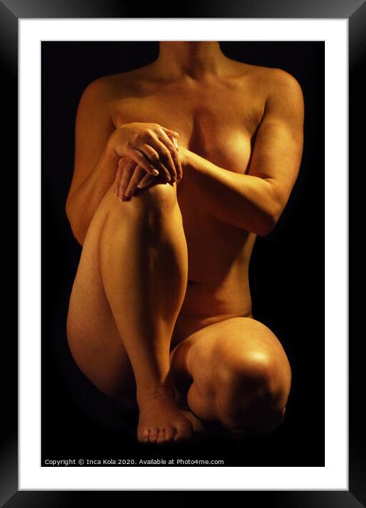 Seated crouching nude in colour Framed Mounted Print by Inca Kala