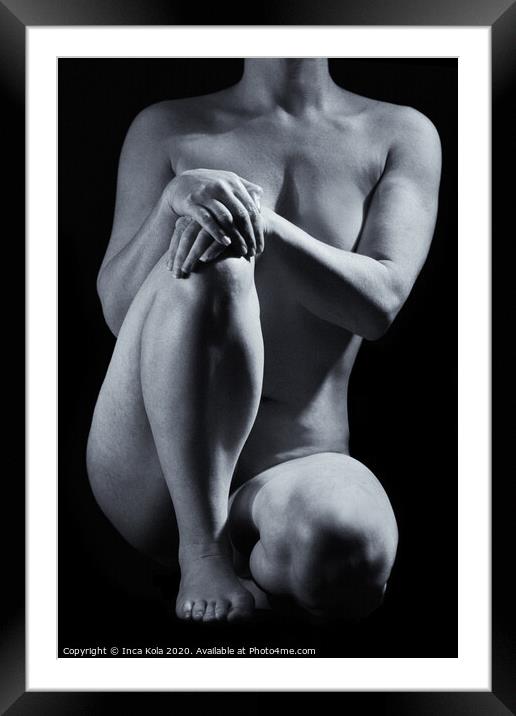 Seated crouching nude in a black and white Framed Mounted Print by Inca Kala