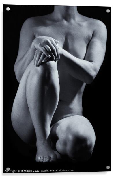 Seated crouching nude in a black and white Acrylic by Inca Kala