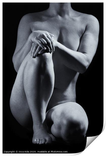 Seated crouching nude in a black and white Print by Inca Kala