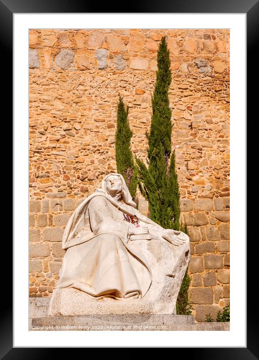 White Saint Teresa Statue Avila Castle Walls Arch Castile Spain Framed Mounted Print by William Perry