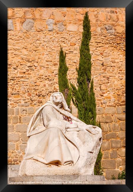 White Saint Teresa Statue Avila Castle Walls Arch Castile Spain Framed Print by William Perry