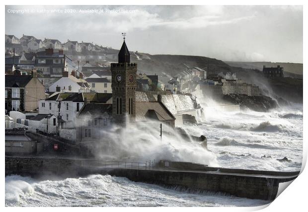 Stormy Seas in Porthleven Print by kathy white
