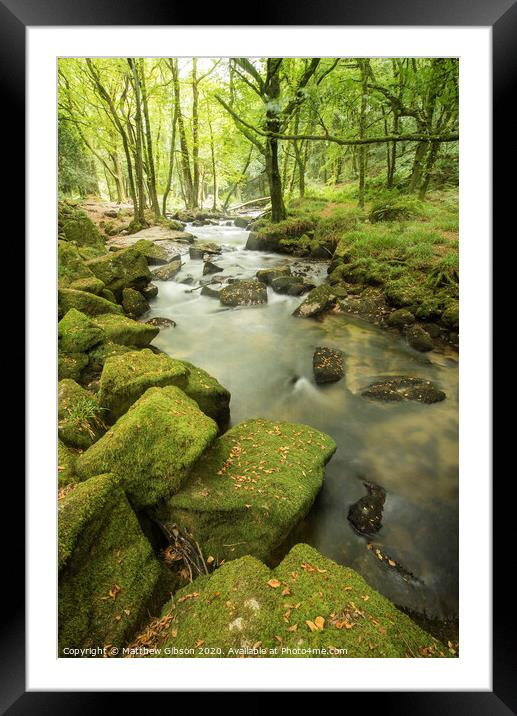 Beautiful landscape of river flowing through lush forest Golitha Falls in England Framed Mounted Print by Matthew Gibson