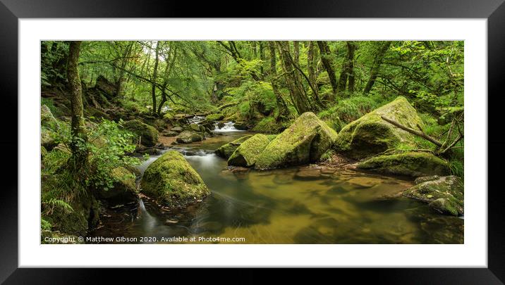 Beautiful landscape of river flowing through lush forest Golitha Falls in England Framed Mounted Print by Matthew Gibson